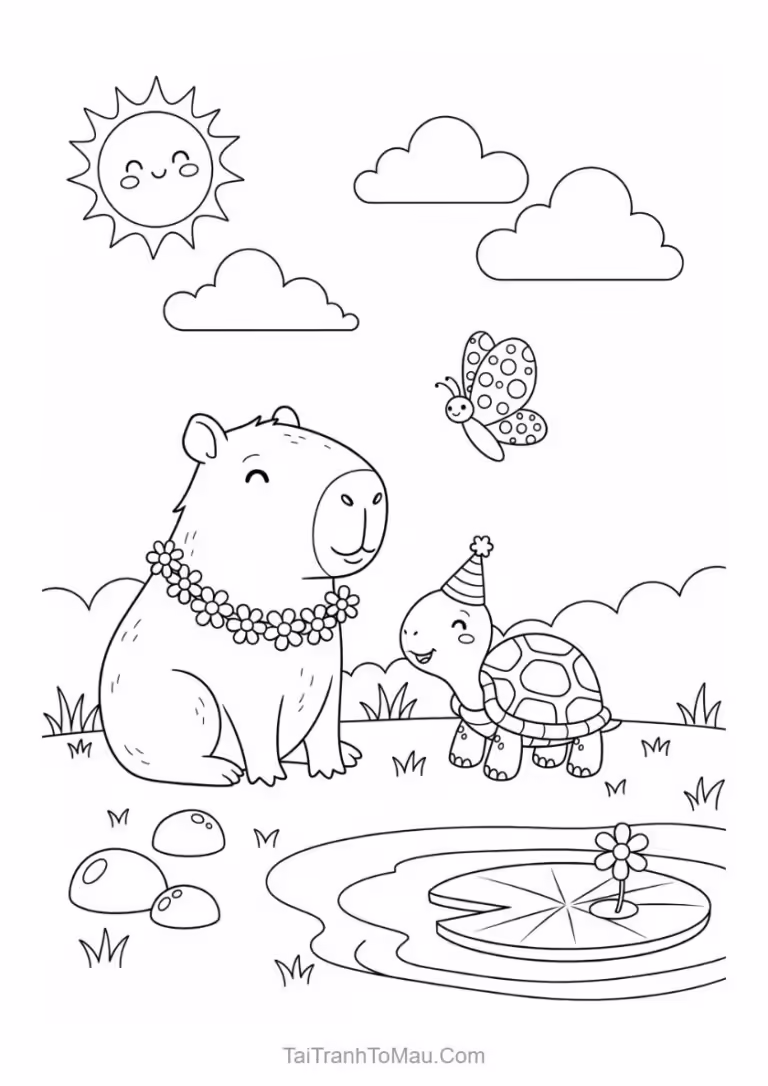 Tranh tô màu một chú capybara sành điệu đội mũ len và quàng khăn ấm áp