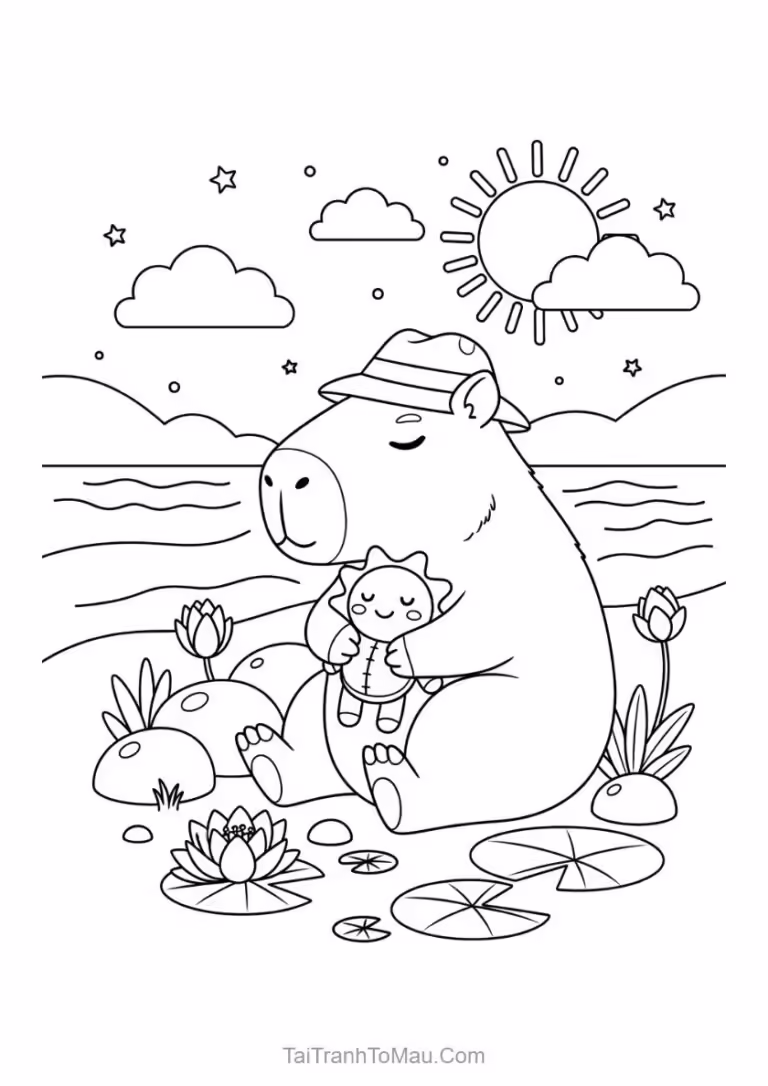 Coloring page of a capybara playing with its panda friends.
