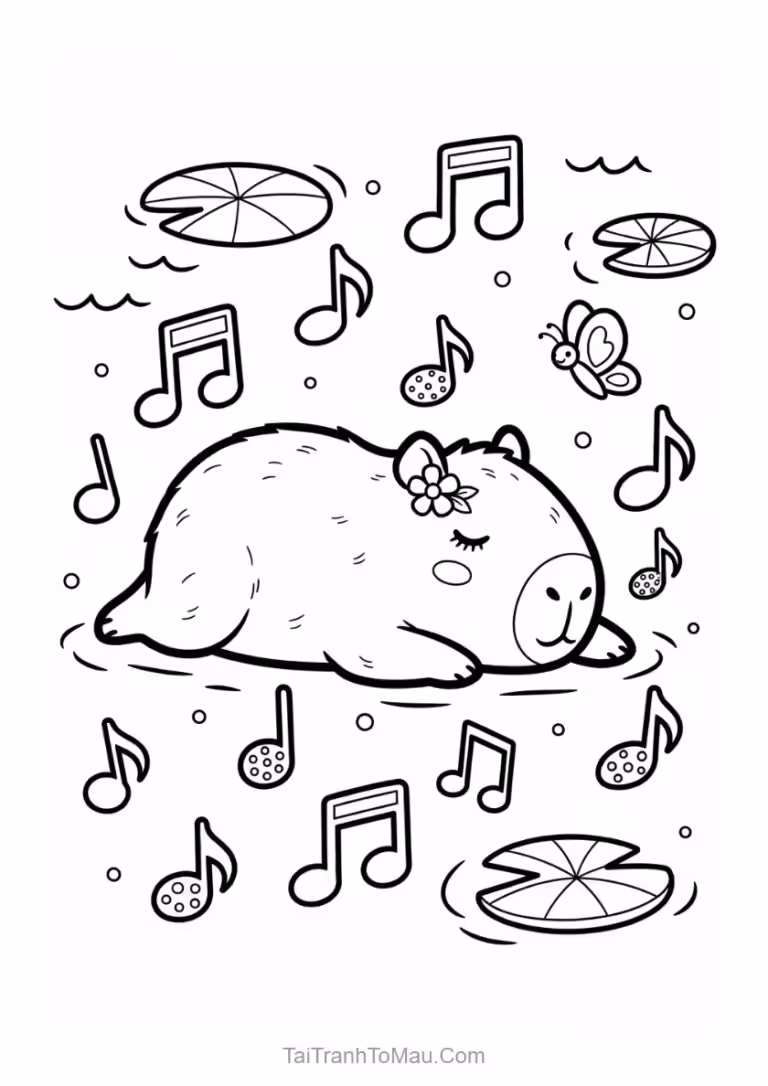 Tranh tô màu capybara dễ thương đang thư giãn.