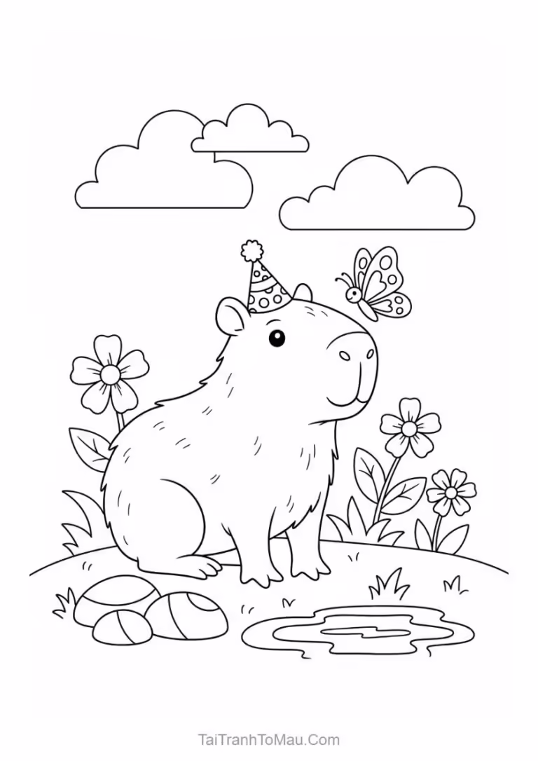 Tranh tô màu capybara dễ thương đang ngồi nghỉ.