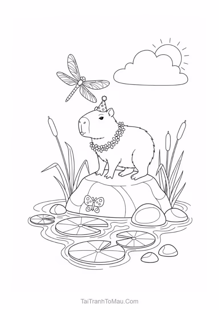 Tranh tô màu capybara thư giãn trong bồn tắm gỗ với quả thanh yên trên đầu