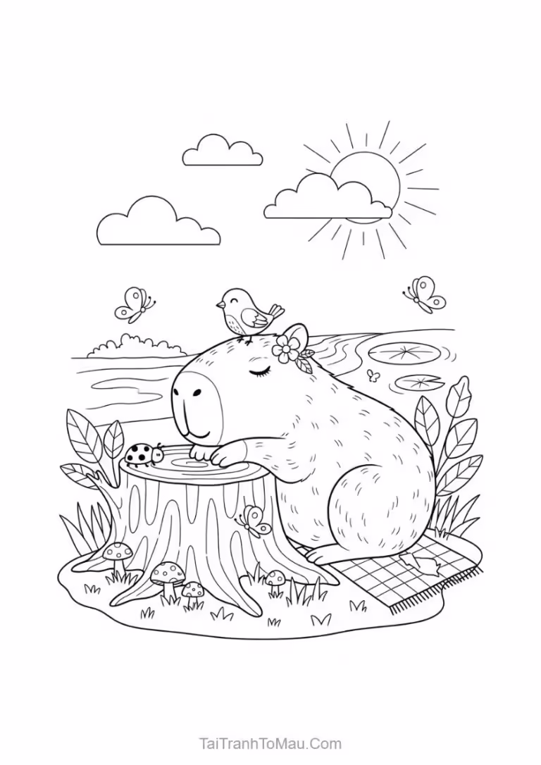 Tranh tô màu capybara phong cách chibi đơn giản với biểu cảm dễ thương