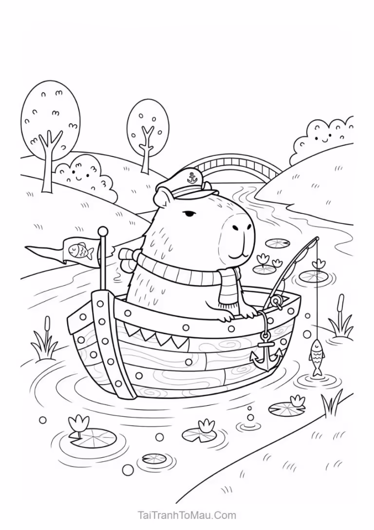 Tranh tô màu capybara dễ thương đội vòng hoa cúc trên đầu