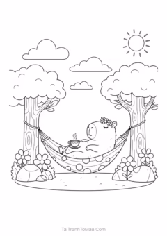 Tranh Tô Màu Capybara Cute – chuột lang nước Capybara (mẫu 4).
