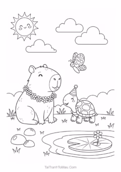 Tranh Tô Màu Capybara Cute – chuột lang nước Capybara (mẫu 7).