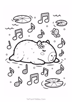 Tranh tô màu capybara dễ thương đang thư giãn.
