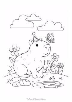 Tranh tô màu capybara dễ thương đang ngồi nghỉ.
