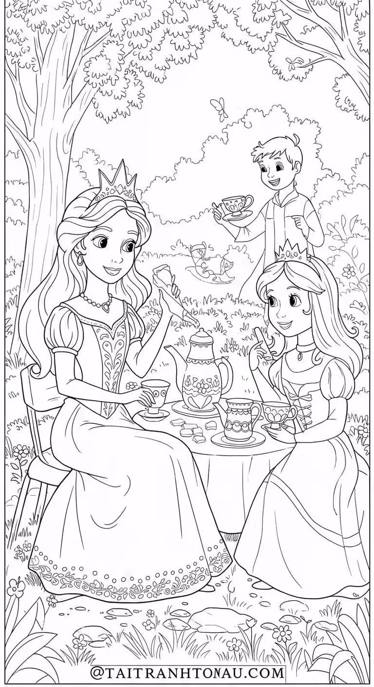Modern princess coloring page with a stylish dress and accessories.
