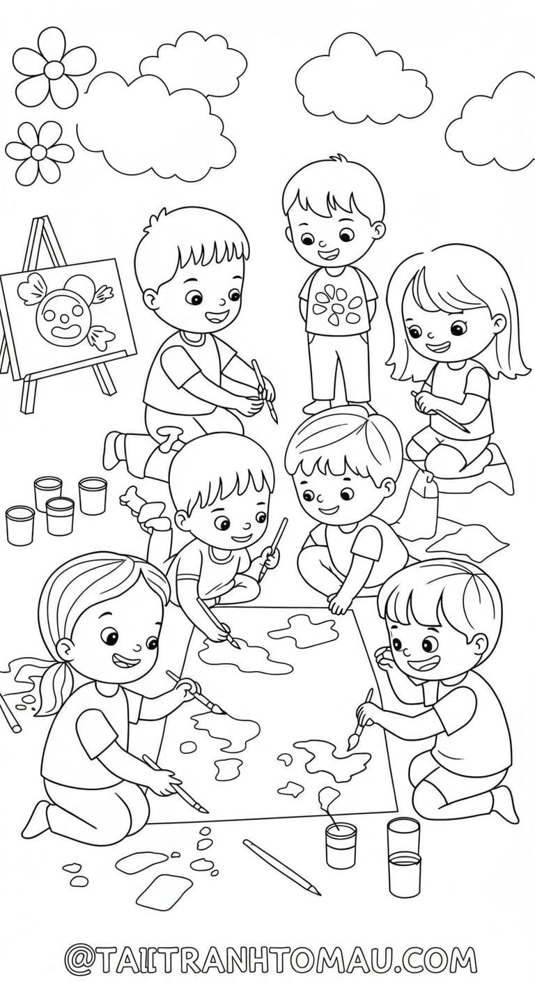 Tải ngay bộ tranh tô màu trường mầm non cho bé 20 Chơi đùa cùng Bạn bè và sinh hoạt nhóm
