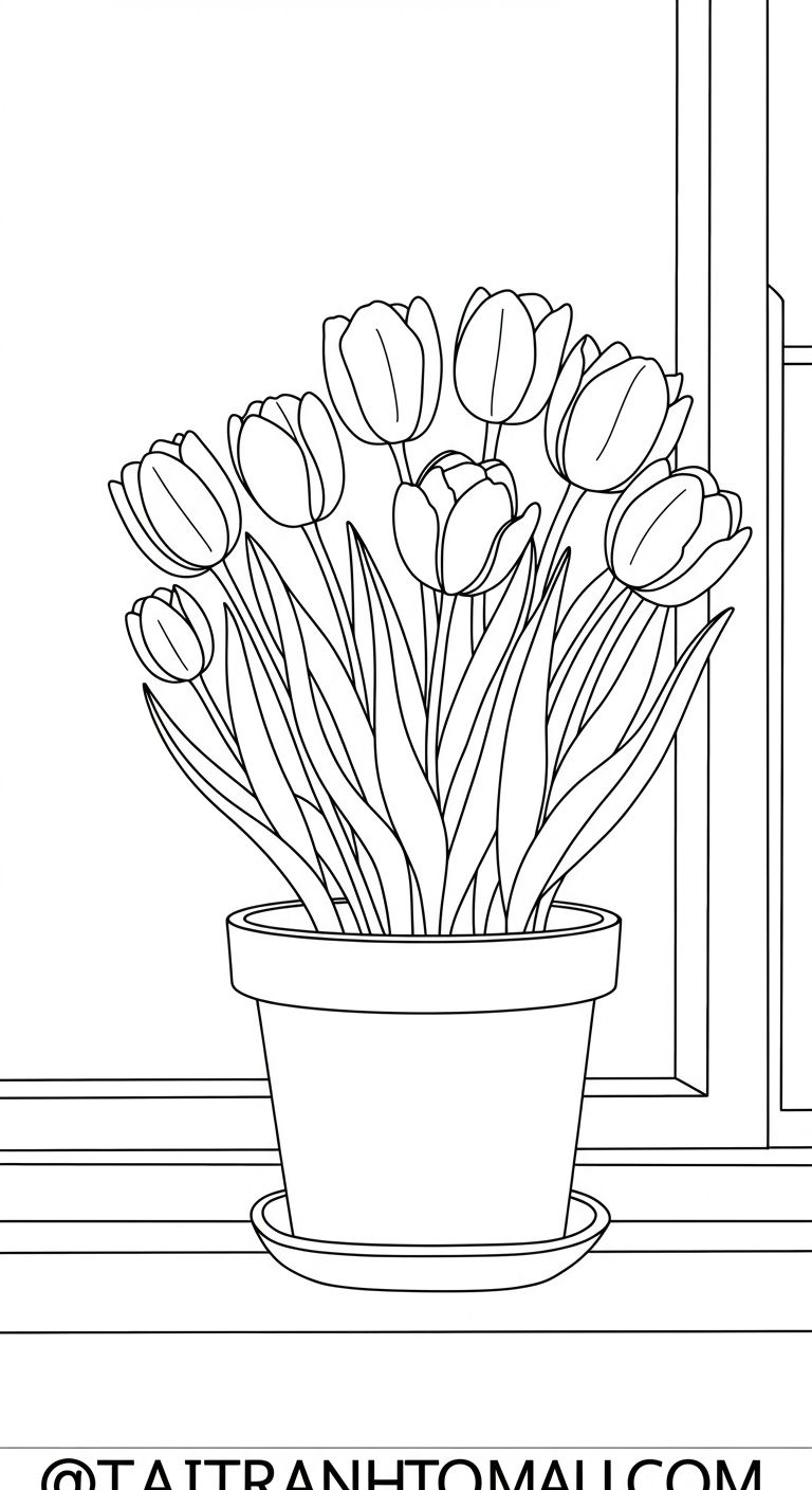 Tranh tô màu chậu hoa tulip bên cửa sổ (cho bé 4–7 tuổi) Tranh tô màu chậu hoa tulip bên cửa sổ (cho bé 4–7 tuổi)