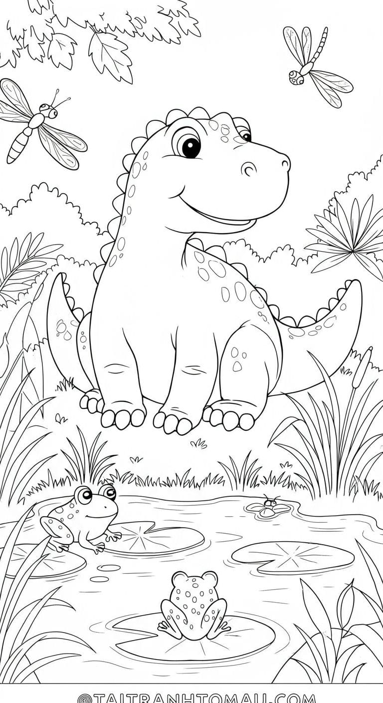 Free Printable Dinosaur Coloring Pages for Kids (Cute & Simple PDF) 3 Coloring page of a herd of dinosaurs in a prehistoric jungle