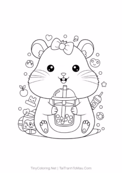 Tranh tô màu chuột hamster kawaii - Bạn hamster đang uống trà sữa