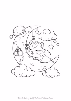 Tranh tô màu chuột hamster kawaii - Bạn hamster mơ màng ngủ