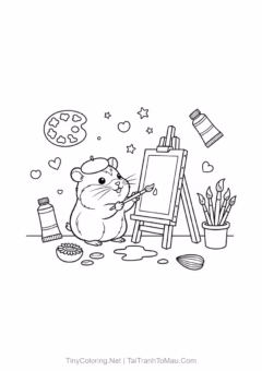 Tranh Tô Màu Hamster Cute – hamster tắm trong bồn cát.