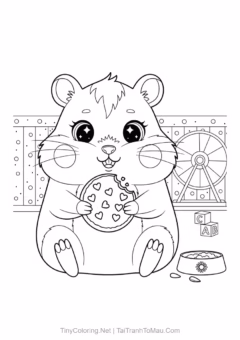 Tranh tô màu hamster dễ thương - Chú hamster ham ăn 1