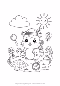 Tranh tô màu hamster hoạt hình - Bạn hamster đi cắm trại
