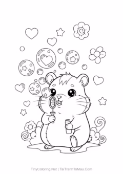 Tranh tô màu hamster hoạt hình - Bạn hamster thổi bóng