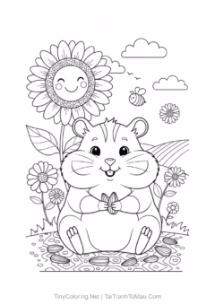 Tranh tô màu hamster hoạt hình - Chú hamster và hoa hướng dương