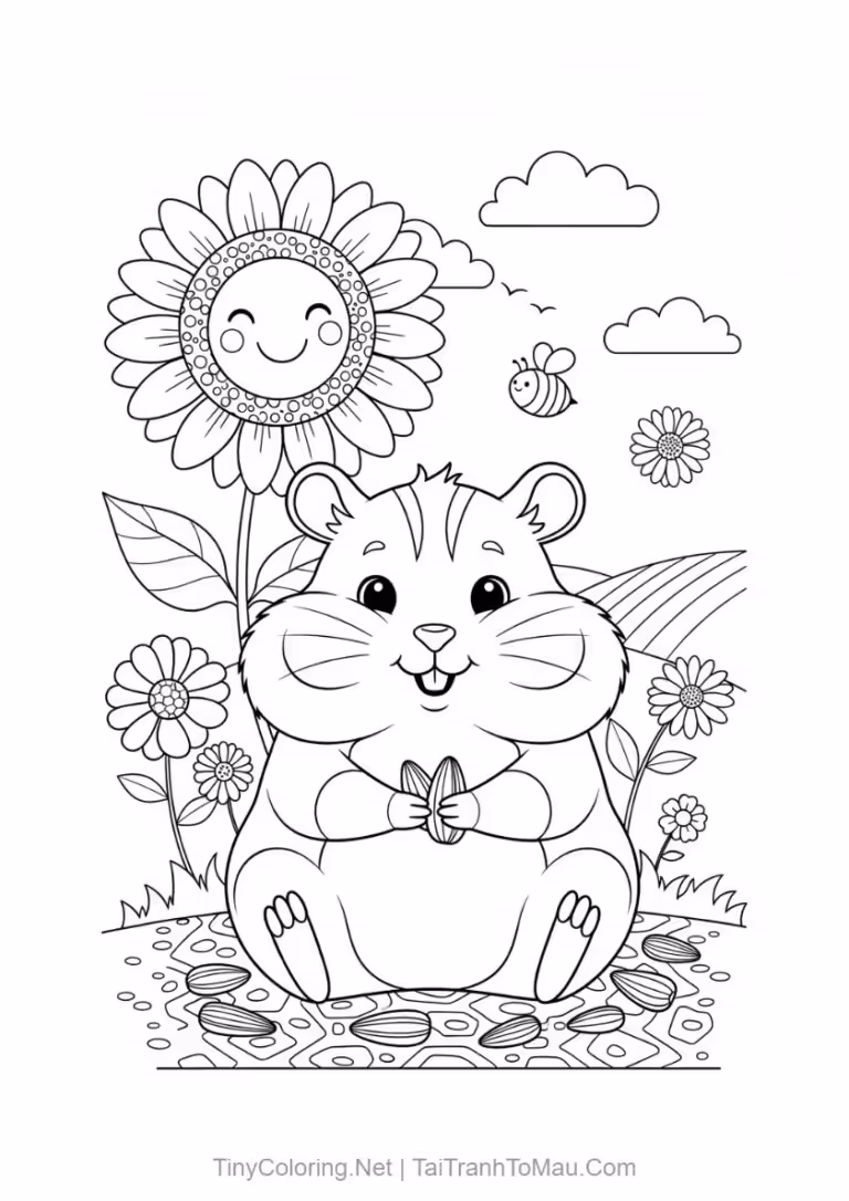 Tranh tô màu hamster hoạt hình - Chú hamster và hoa hướng dương
