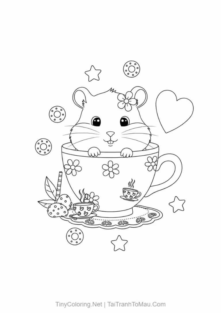 Tranh tô màu hamster dễ thương - Chú hamster đáng yêu trốn trong chén