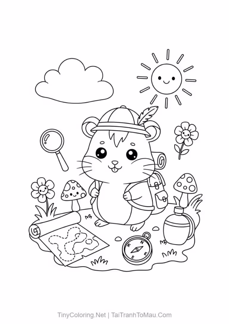 Tranh tô màu hamster hoạt hình - Bạn hamster đi cắm trại