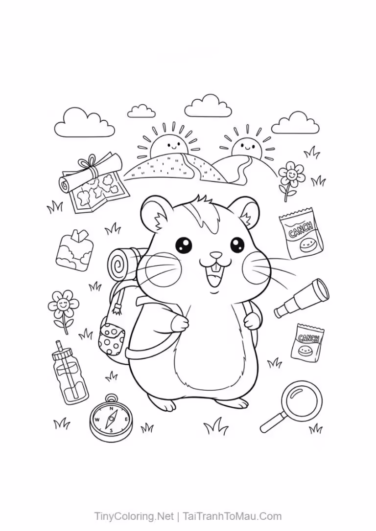 Tranh tô màu hamster hoạt hình đeo cặp sách đi học