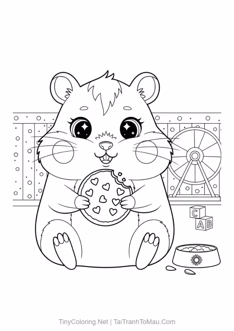 Tranh tô màu hamster dễ thương - Chú hamster ham ăn 1