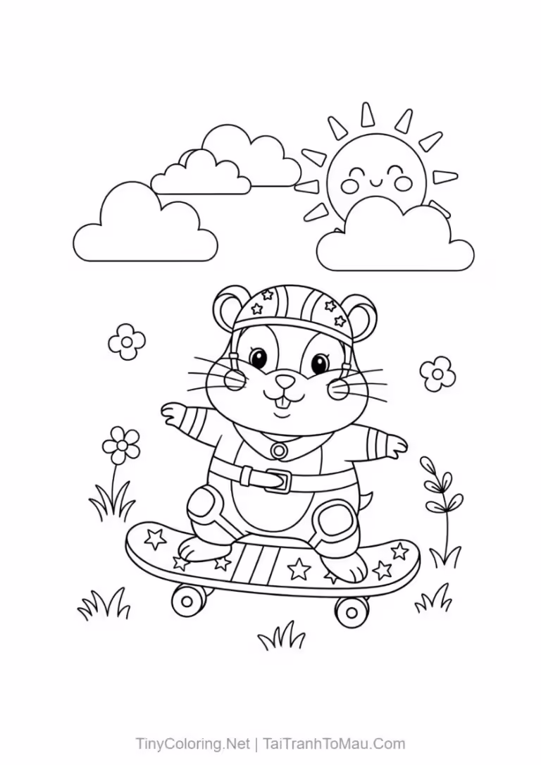 Tranh tô màu hamster hoạt hình - Bạn hamster chơi ván trượt
