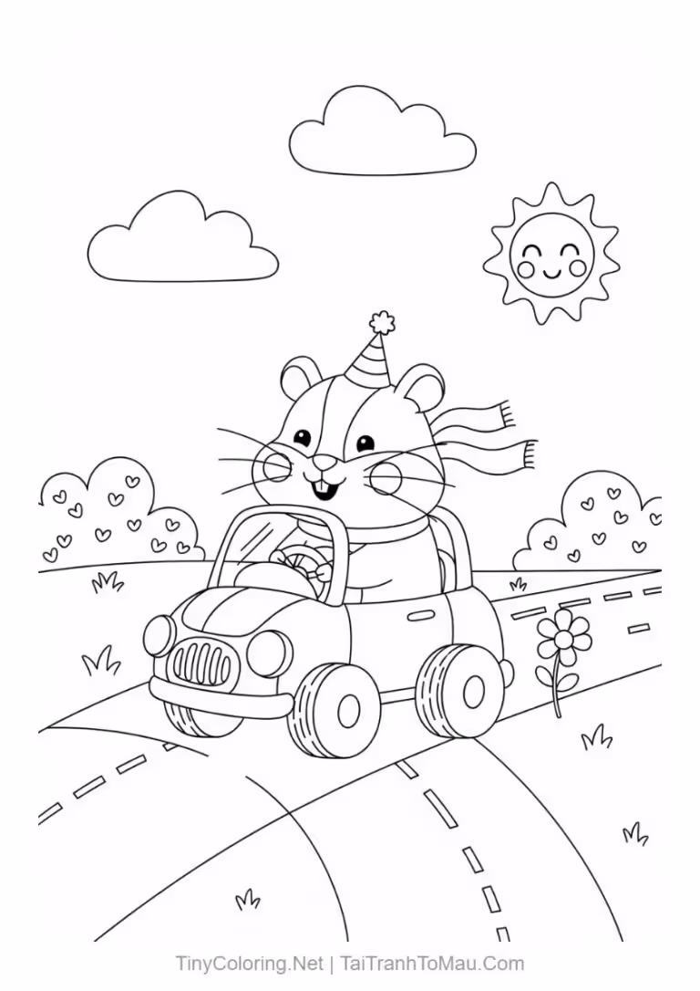 Tranh tô màu hamster hoạt hình lái xe ô tô đồ chơi