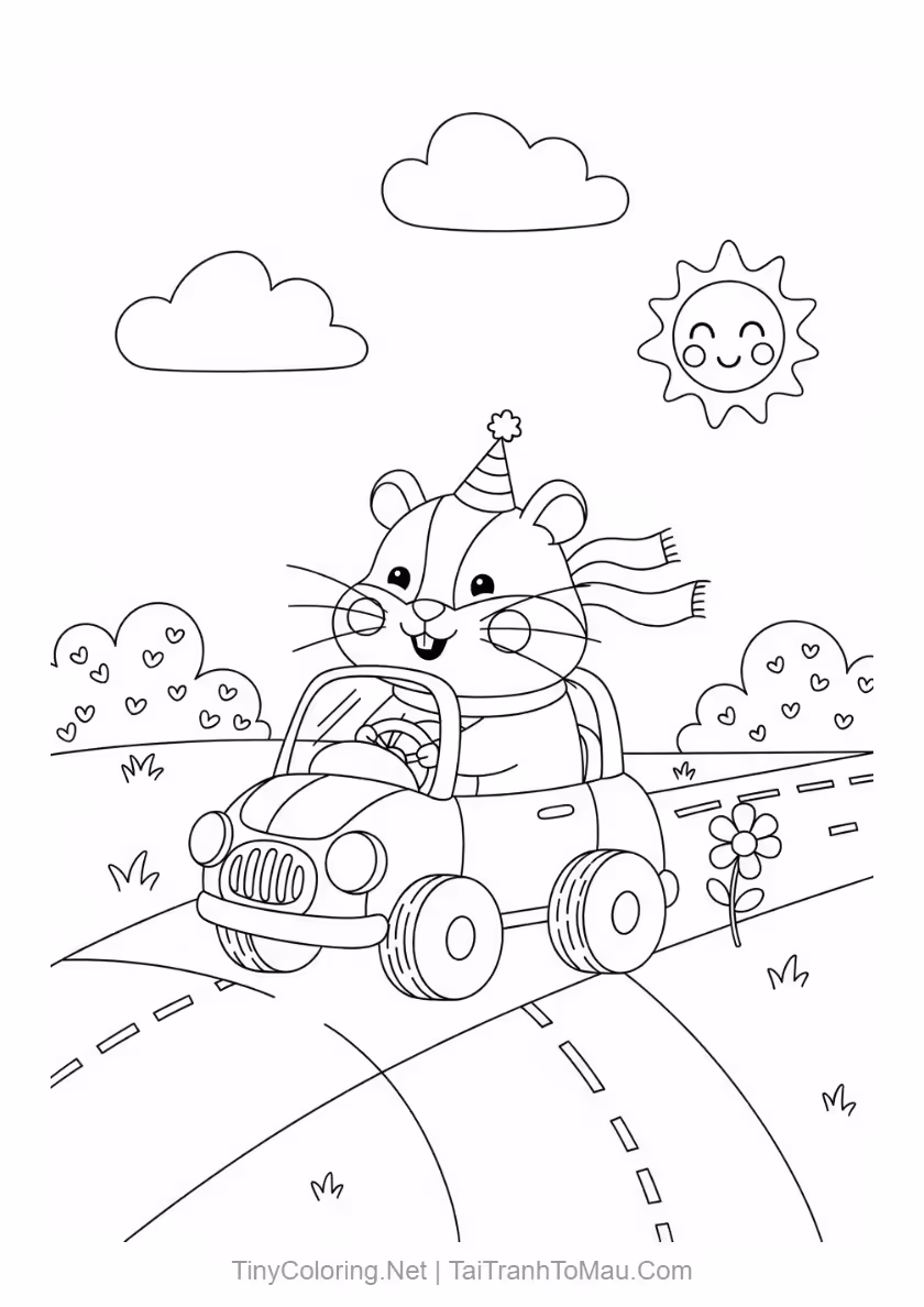 Cute Hamster Coloring Pages for Kids (Free Printable PDF A4) 5 Cartoon hamster coloring page driving a toy car