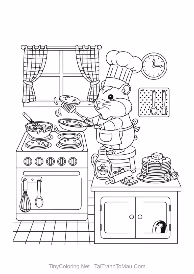Tranh tô màu chuột hamster kawaii làm đầu bếp