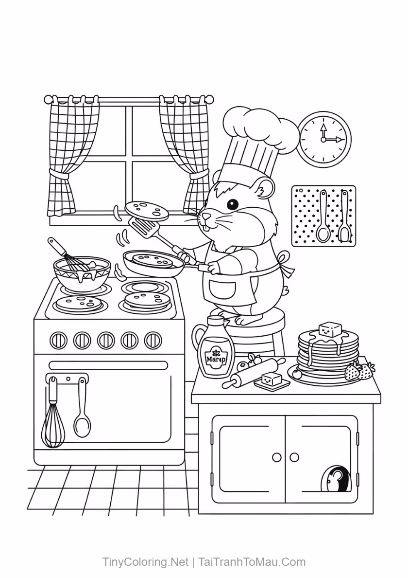 Cute Hamster Coloring Pages for Kids (Free Printable PDF A4) 7 Kawaii hamster coloring page as a chef with a cupcake