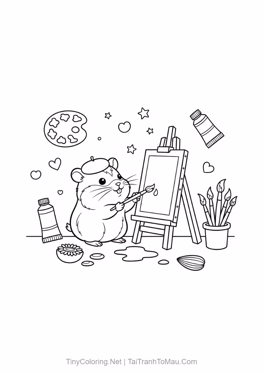 Cute Hamster Coloring Pages for Kids (Free Printable PDF A4) 8 Kawaii hamster coloring page as an artist with a paintbrush