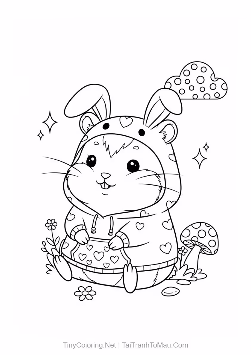 Cute Hamster Coloring Pages for Kids (Free Printable PDF A4) 6 Hamster coloring page dressed up as an adorable bunny