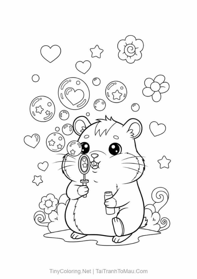 Tranh tô màu hamster hoạt hình - Bạn hamster thổi bóng