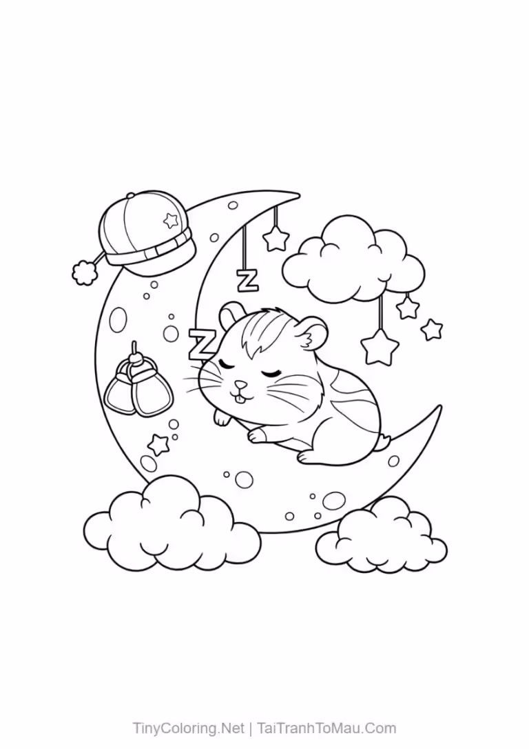 Tranh tô màu chuột hamster kawaii - Bạn hamster mơ màng ngủ
