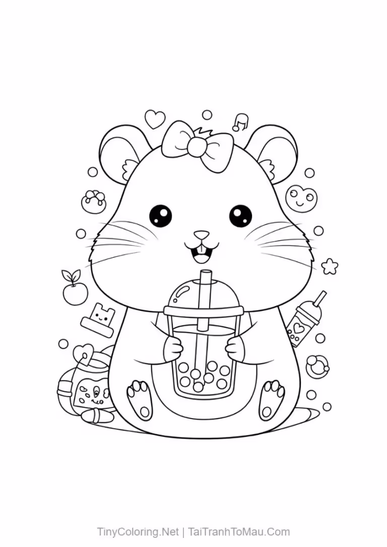 Tranh tô màu chuột hamster kawaii - Bạn hamster đang uống trà sữa