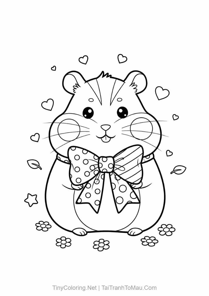 Cute Hamster Coloring Pages for Kids (Free Printable PDF A4) 2 Adorable hamster coloring page with a pretty bow