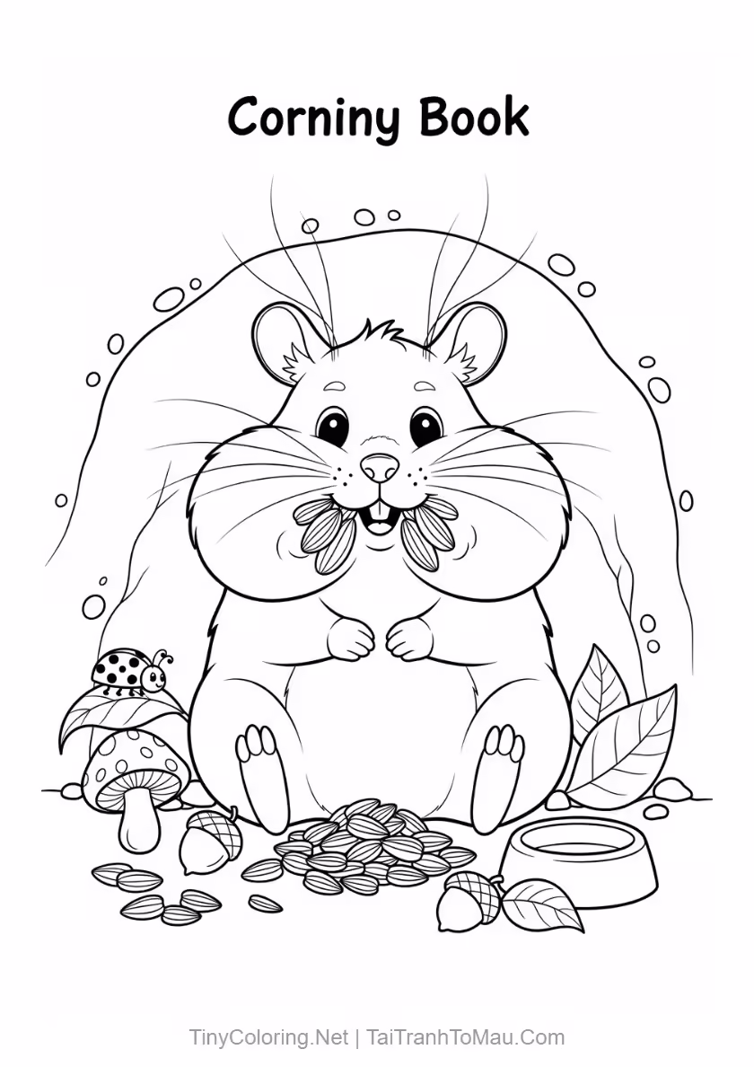 Cute Hamster Coloring Pages for Kids (Free Printable PDF A4) 3 Hamster coloring page showing it eating a sunflower seed