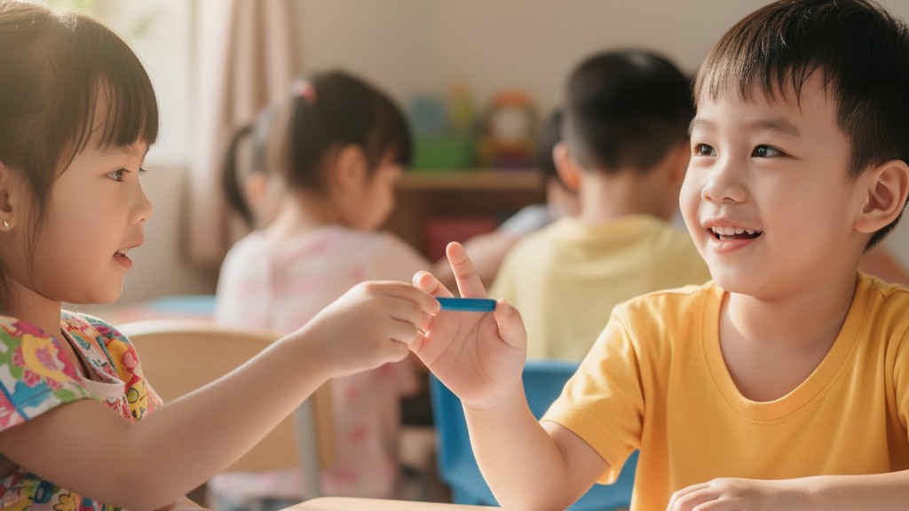 be-chia-se-but-mau Hai bé gái vui vẻ chia sẻ bút màu sáp khi tham gia hoạt động tô màu tập thể.