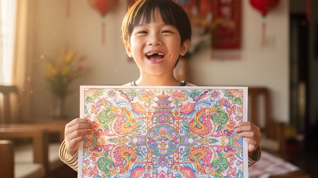 Bé gái tự hào khoe bức tranh tô màu phức tạp đã hoàn thành.