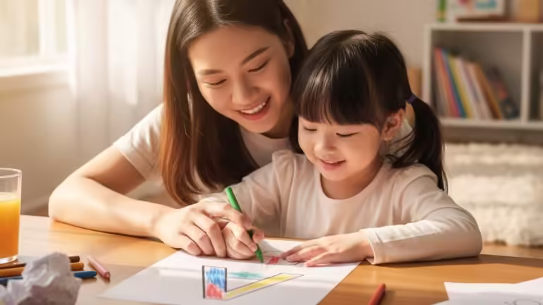 Mẹ và bé gái cùng nhau học chữ cái qua tranh tô màu chữ A, một hoạt động giáo dục sớm tại nhà.