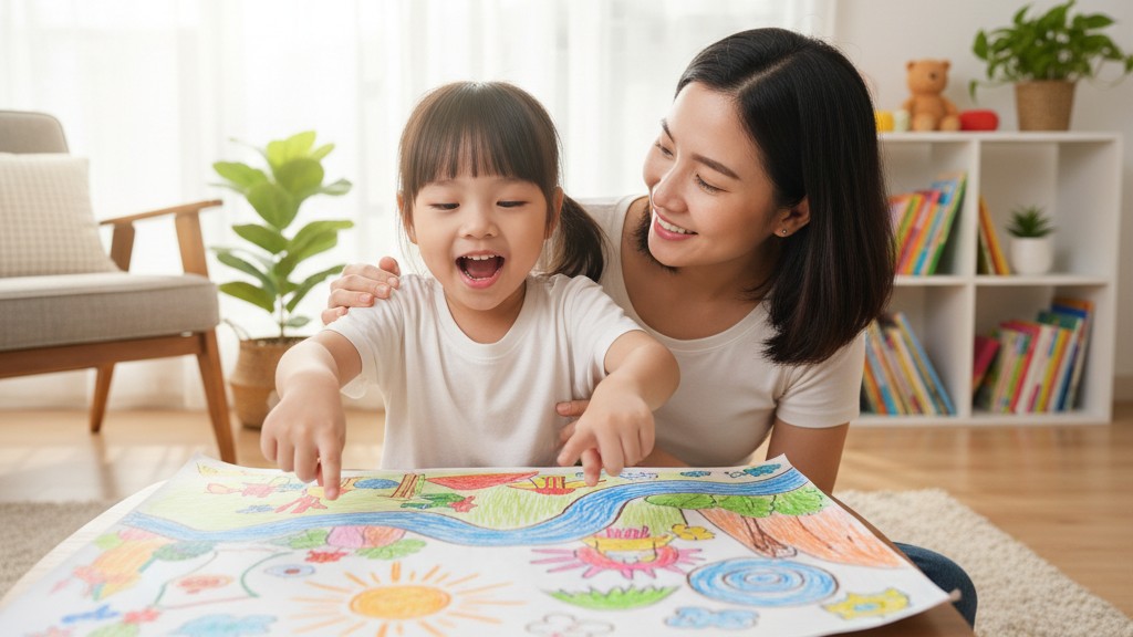 Bé trai vui vẻ giơ bức tranh đã tô màu và hào hứng kể lại câu chuyện sáng tạo cho cha mẹ nghe.