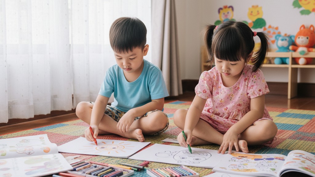 be-mam-non-to-mau-voi-nhac Hai bé mầm non say sưa tô màu cùng âm nhạc nhẹ nhàng, phát triển cảm xúc.