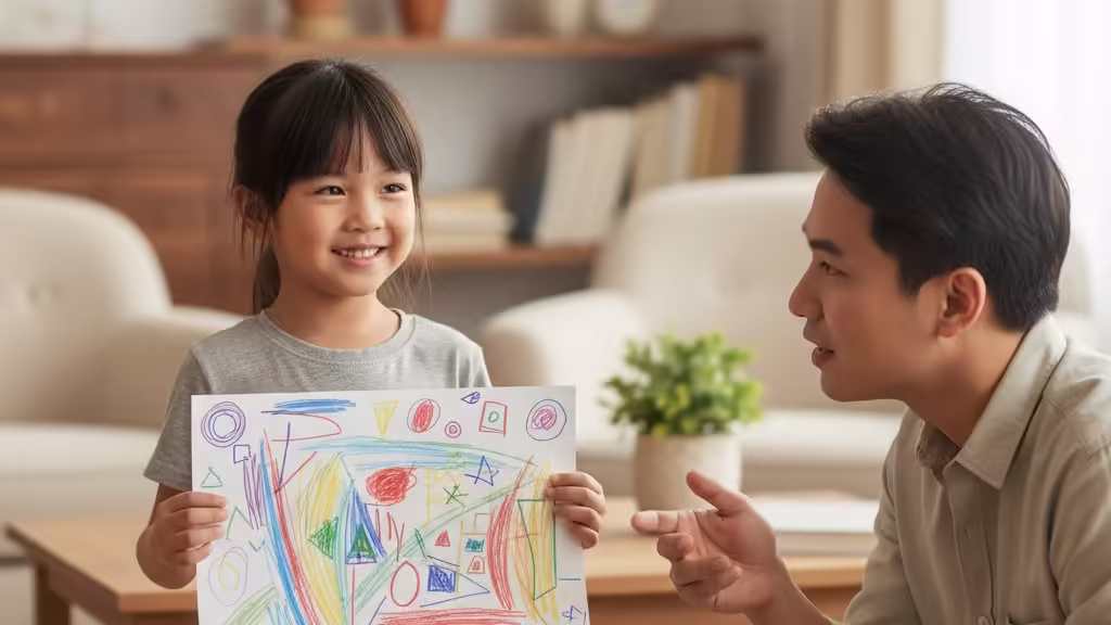 Bé tự do tô màu và sáng tạo câu chuyện riêng, ba mẹ lắng nghe đầy khuyến khích.