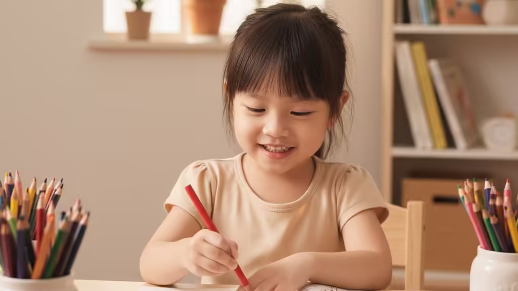 be-tap-trung-to-mau-cai-thien Bé trai tập trung tô màu cẩn thận, áp dụng mẹo dạy bé để phát triển kỹ năng vận động tinh.