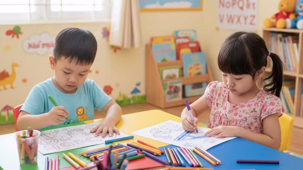 Các bé say mê với trò chơi giáo dục tô màu chủ đề động vật và chữ cái, học mà chơi.