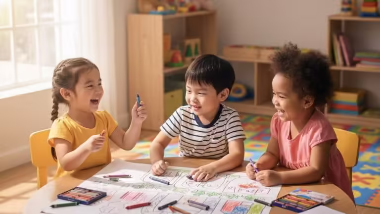 Các bé hào hứng tô màu tập thể, cùng nhau tạo nên bức tranh đầy màu sắc.