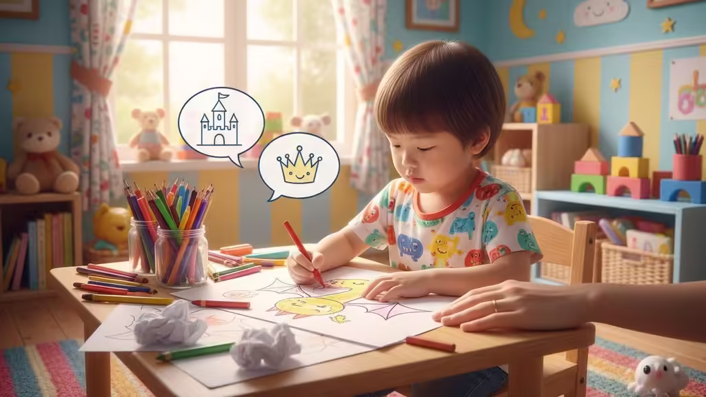 Bé chăm chú tô màu tranh có sẵn, ba mẹ kể chuyện gợi mở trí tưởng tượng.