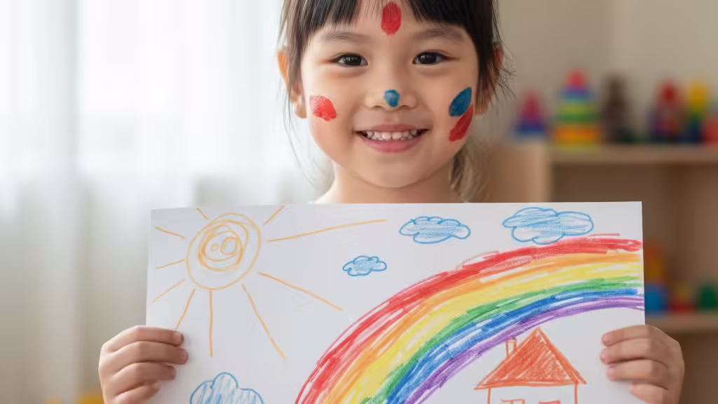 Bé trai tự hào khoe bức tranh tô màu đã hoàn thành, thể hiện thành quả của giờ học tô màu đầy nỗ lực.